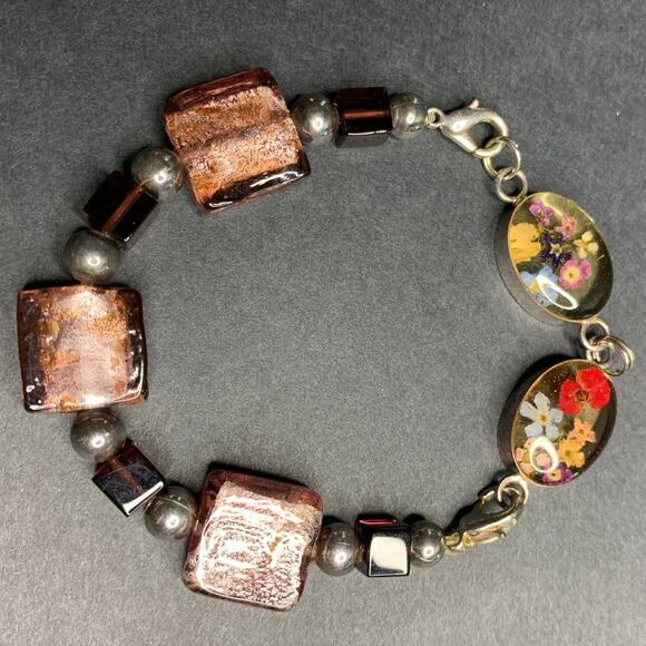 925 Sterling Silver Pressed Flower Lampwork Beaded Bracelet - Picture 5 of 5